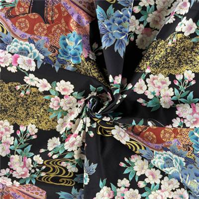 tissu coton japonais fleuris noir